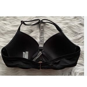 Victorias Secret Bikini Top Nwt Black Shine Strap Logo Underwire Swim Top 32DD